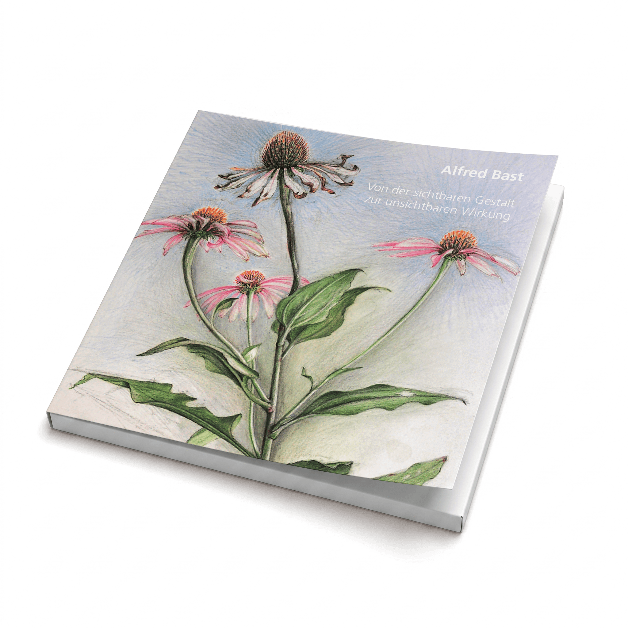 Kunstmappe mit Zeichnung von Echinacea-Pflanzen mit rosa Blüten und grünen Blättern auf hellem Hintergrund. Titel 'Alfred Bast' und Text 'Von der sichtbaren Gestalt zur unsichtbaren Wirkung' auf der Vorderseite.