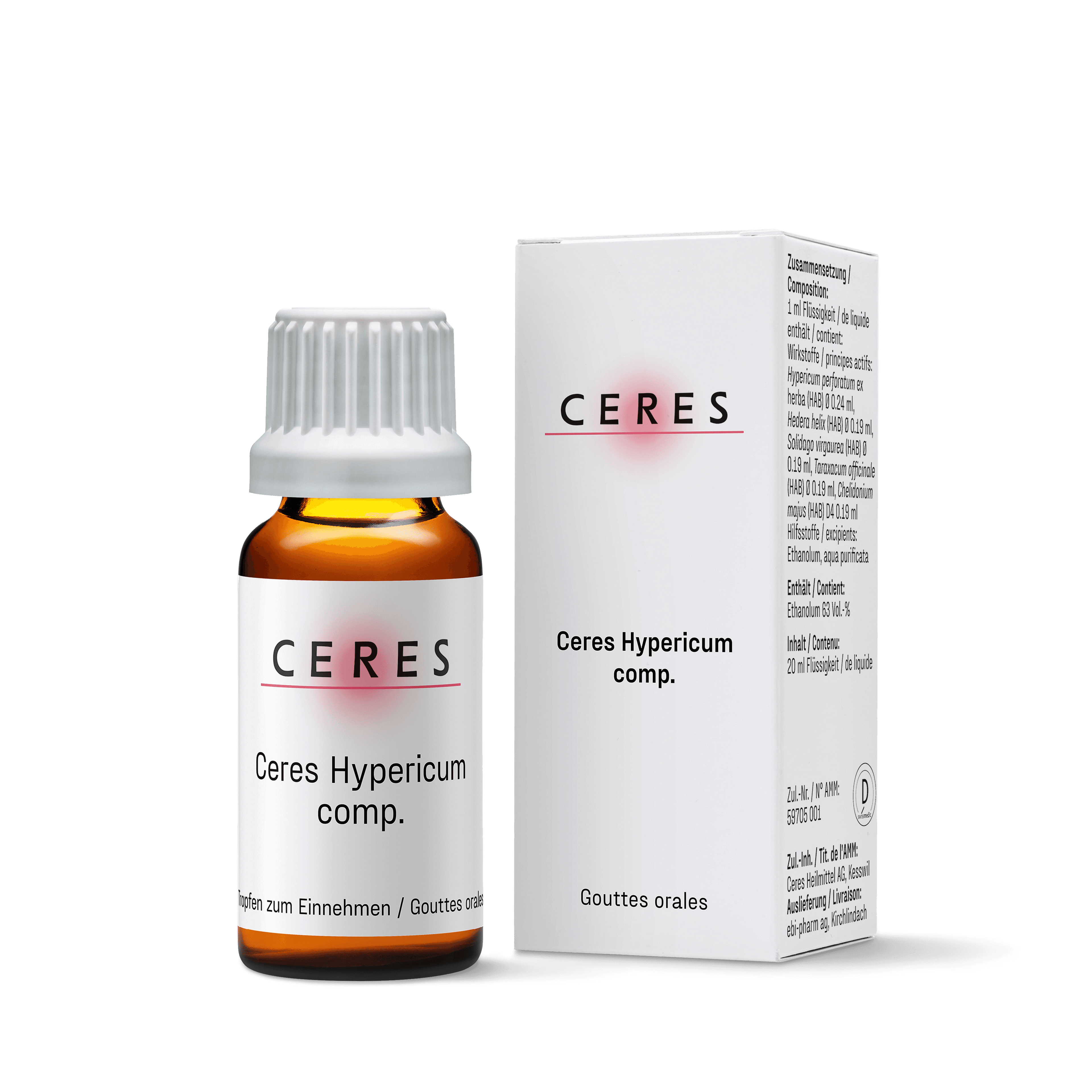 Flacon en verre brun avec bouchon blanc et boîte associée de Ceres Hypericum comp., un médicament en gouttes orales.